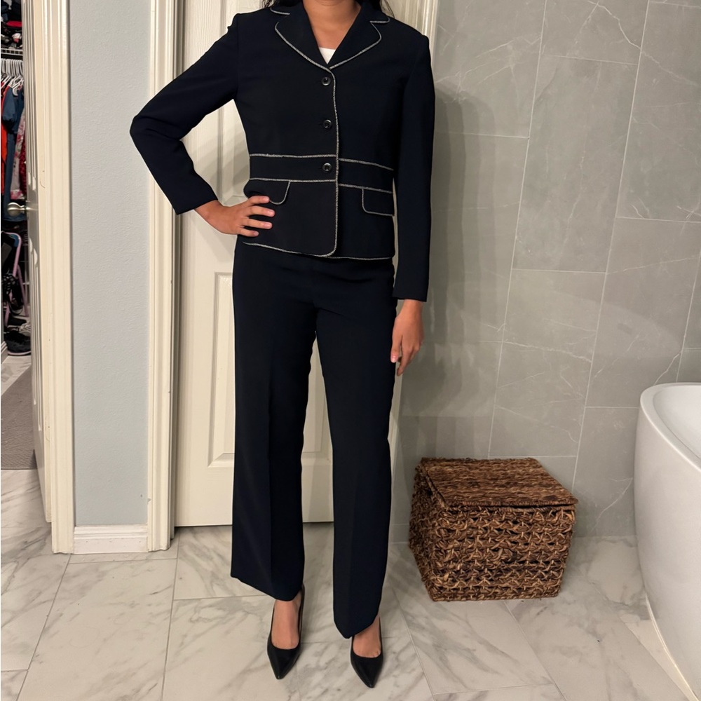 Petite Sophisticate Navy Two-Piece Pantsuit with White Piping
